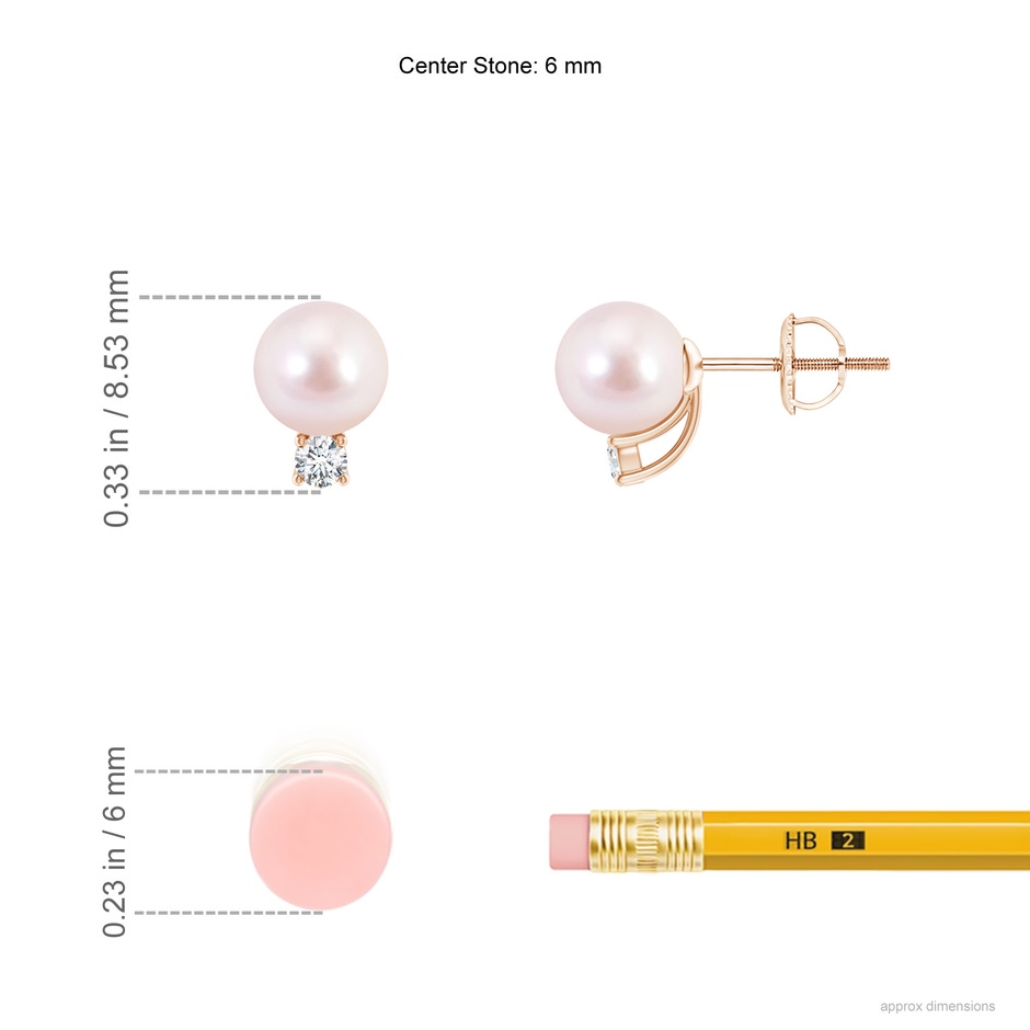 6mm AAAA Solitaire Japanese Akoya Pearl Studs with Diamond in Rose Gold ruler