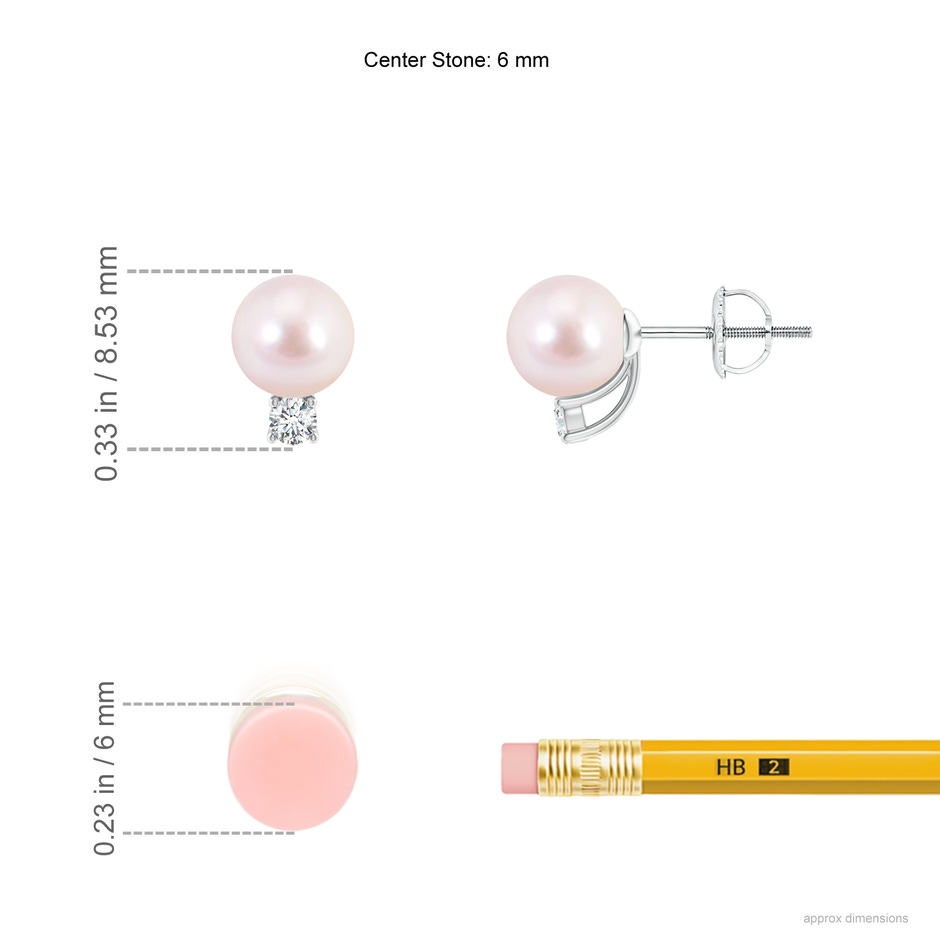 6mm AAAA Solitaire Japanese Akoya Pearl Studs with Diamond in White Gold ruler