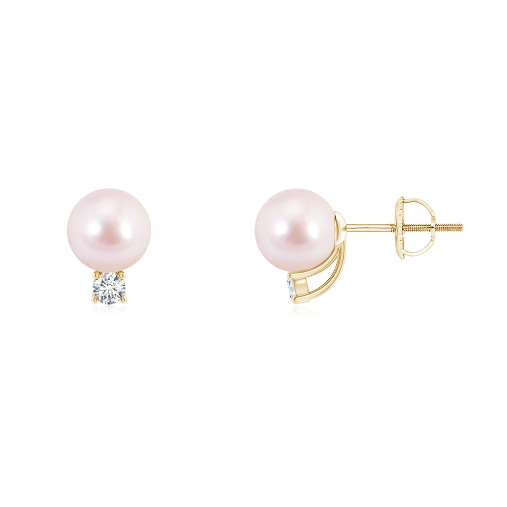 6mm AAAA Solitaire Japanese Akoya Pearl Studs with Diamond in Yellow Gold