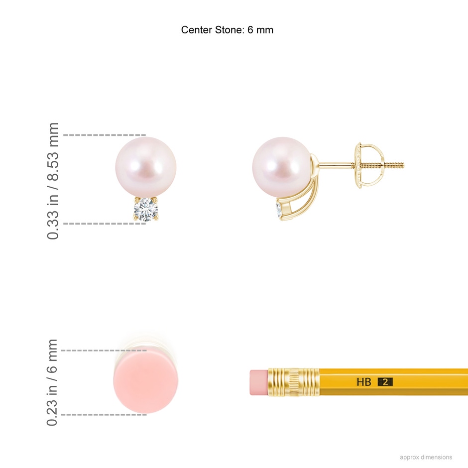 6mm AAAA Solitaire Japanese Akoya Pearl Studs with Diamond in Yellow Gold ruler