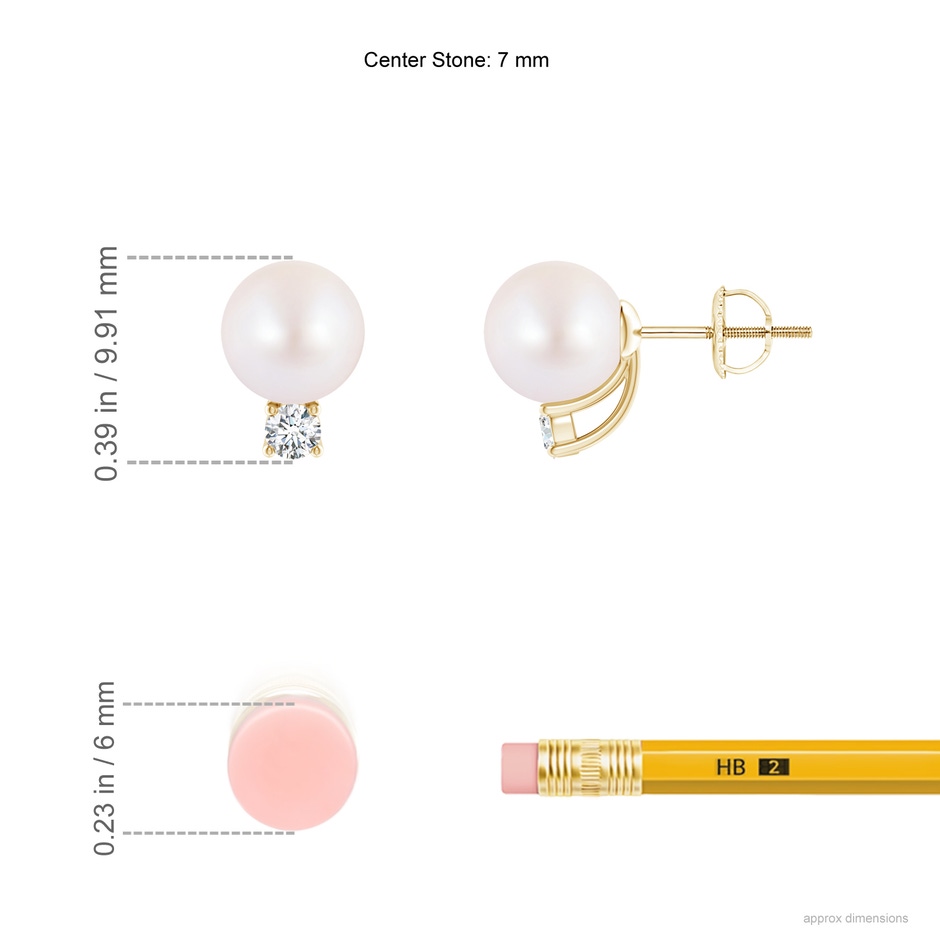 7mm AA Solitaire Japanese Akoya Pearl Studs with Diamond in Yellow Gold ruler