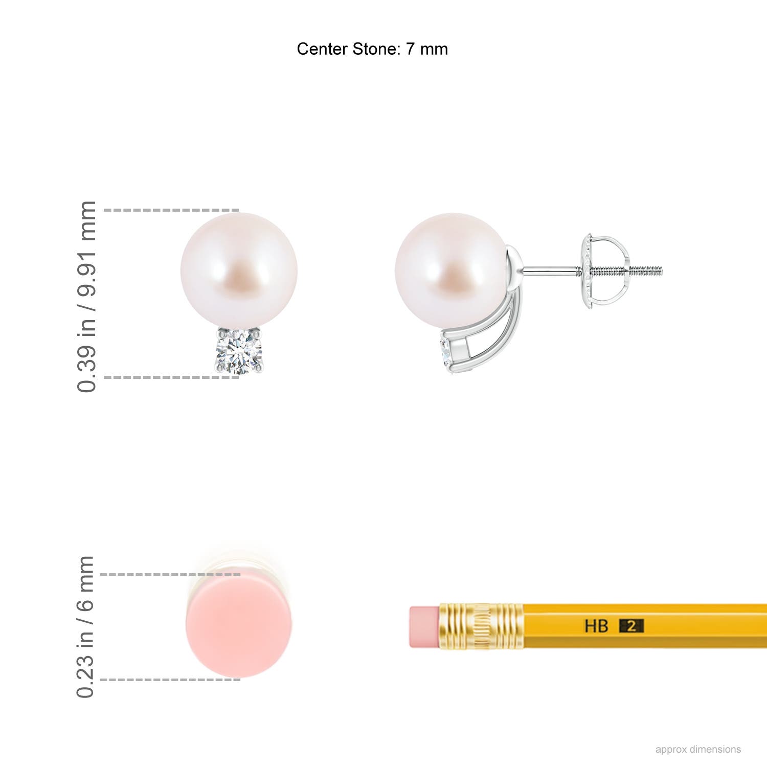 7mm AAA Solitaire Japanese Akoya Pearl Studs with Diamond in White Gold - ruler