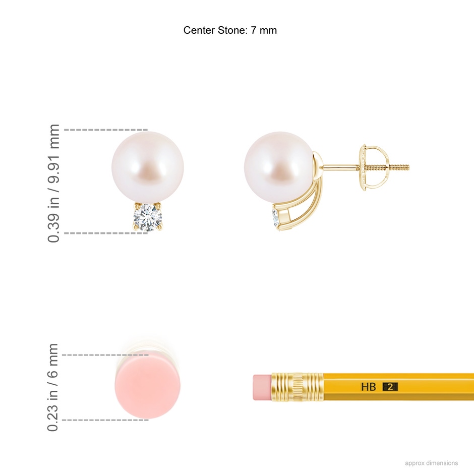 7mm AAA Solitaire Japanese Akoya Pearl Studs with Diamond in Yellow Gold ruler