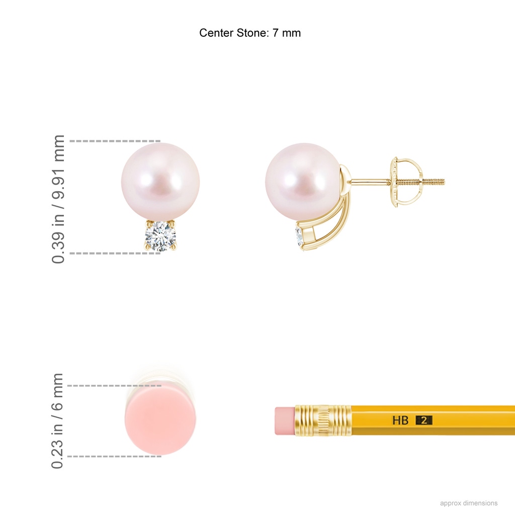 7mm AAAA Solitaire Japanese Akoya Pearl Studs with Diamond in Yellow Gold Ruler