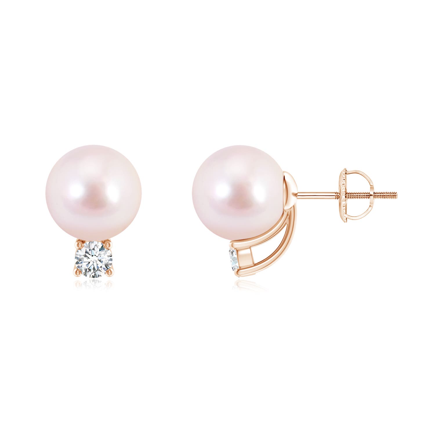 8mm AAAA Solitaire Japanese Akoya Pearl Studs with Diamond in Rose Gold