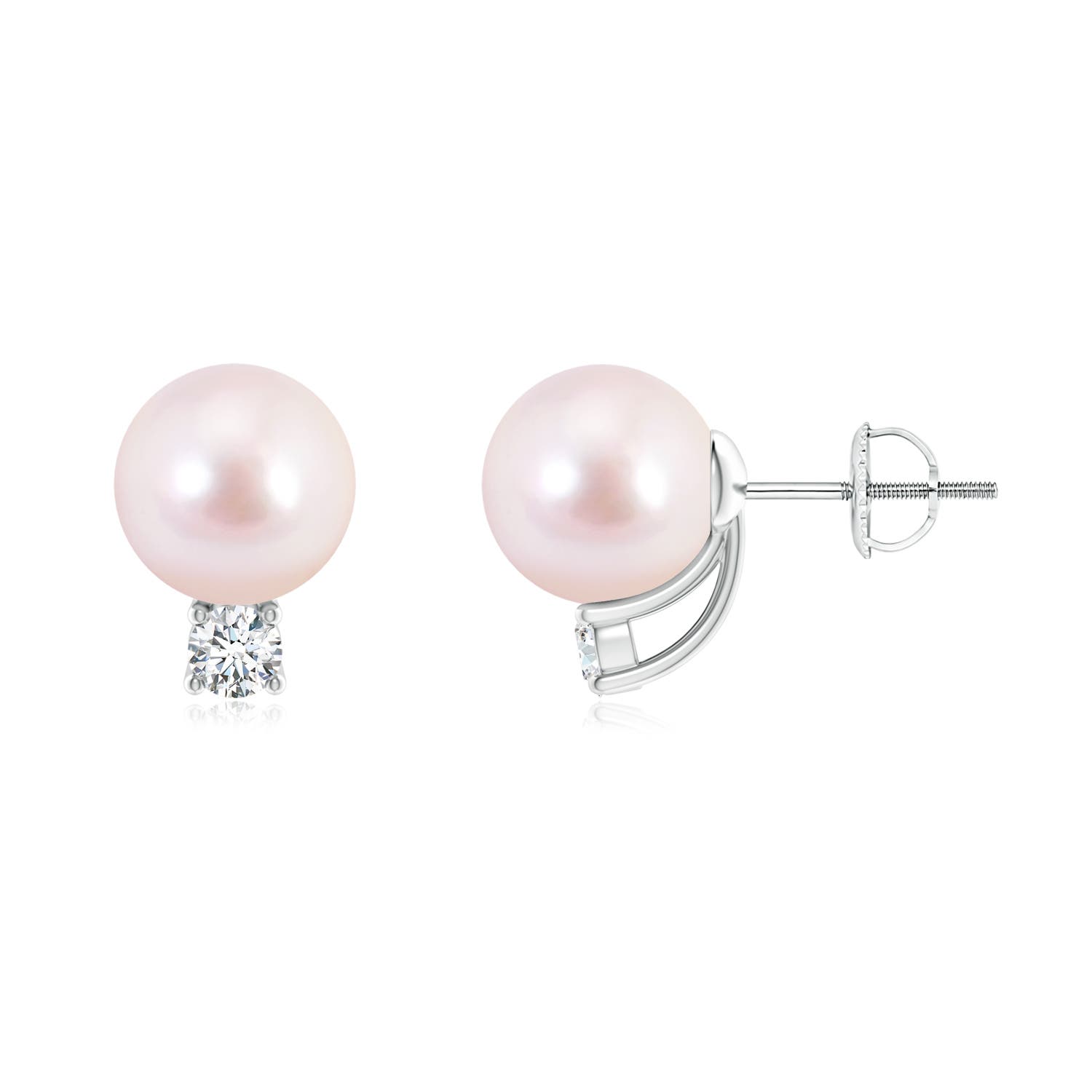 8mm AAAA Solitaire Japanese Akoya Pearl Studs with Diamond in White Gold