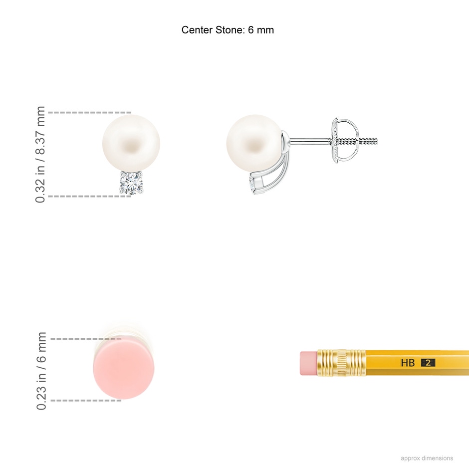 6mm AA Solitaire Freshwater Pearl Studs with Diamond in White Gold ruler
