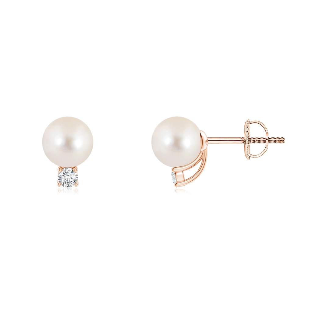 6mm AAAA Solitaire Freshwater Pearl Studs with Diamond in Rose Gold