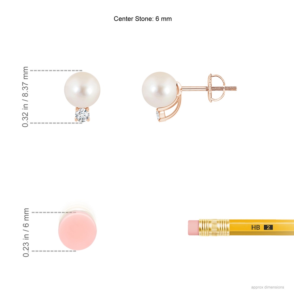 6mm AAAA Solitaire Freshwater Pearl Studs with Diamond in Rose Gold ruler
