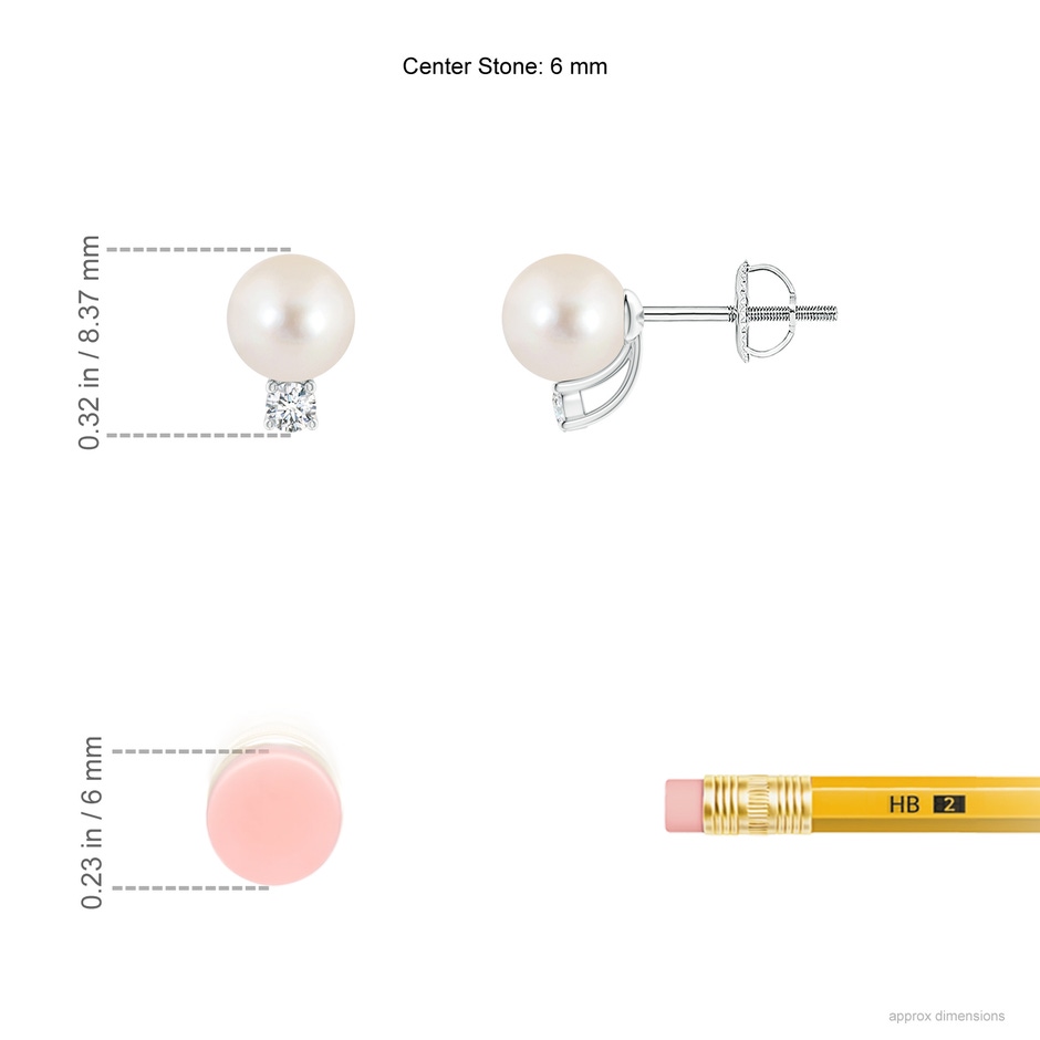 6mm AAAA Solitaire Freshwater Pearl Studs with Diamond in White Gold ruler