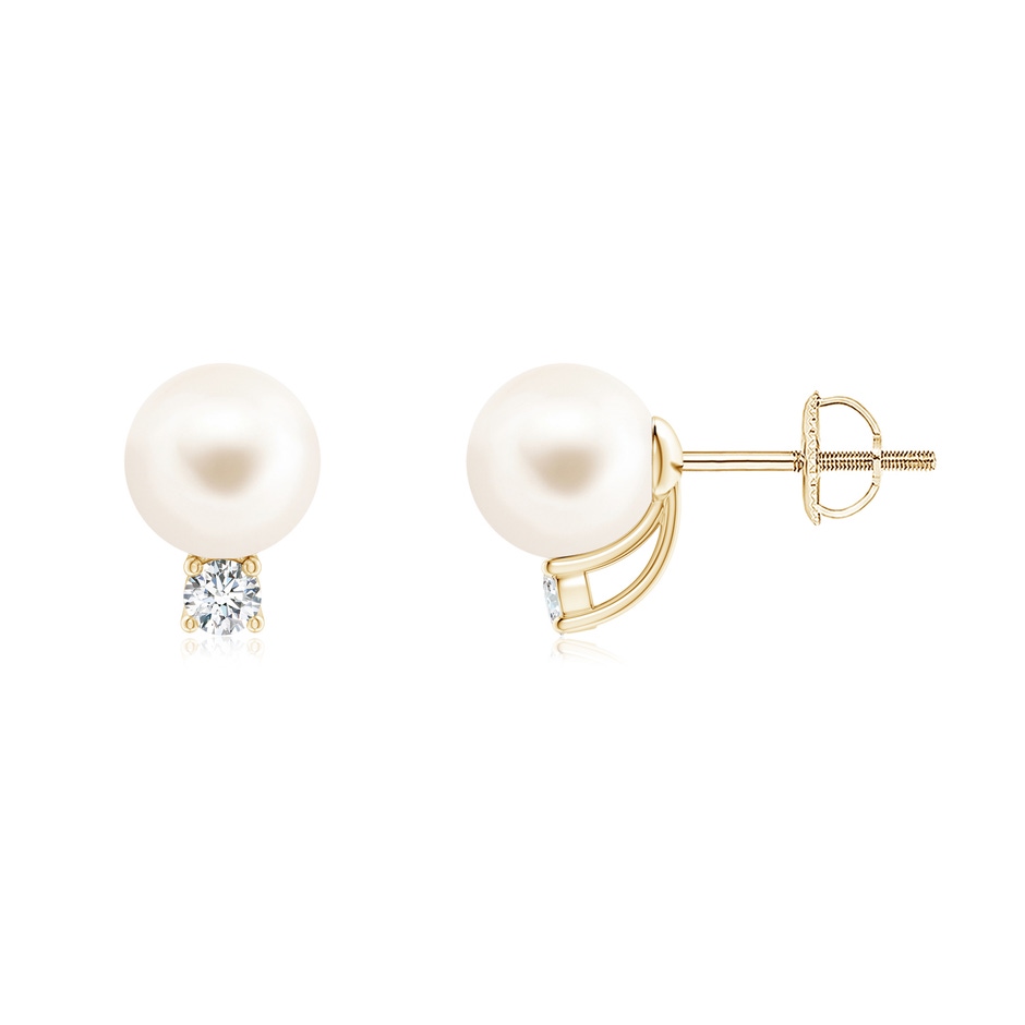 7mm AAA Solitaire Freshwater Pearl Studs with Diamond in Yellow Gold 
