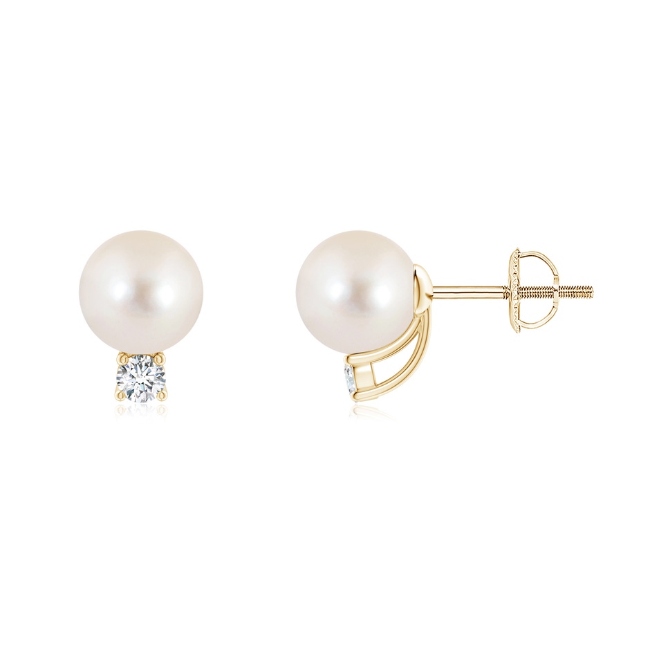 7mm AAAA Solitaire Freshwater Pearl Studs with Diamond in Yellow Gold 