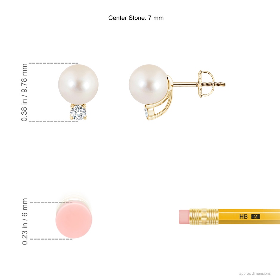 7mm AAAA Solitaire Freshwater Pearl Studs with Diamond in Yellow Gold ruler