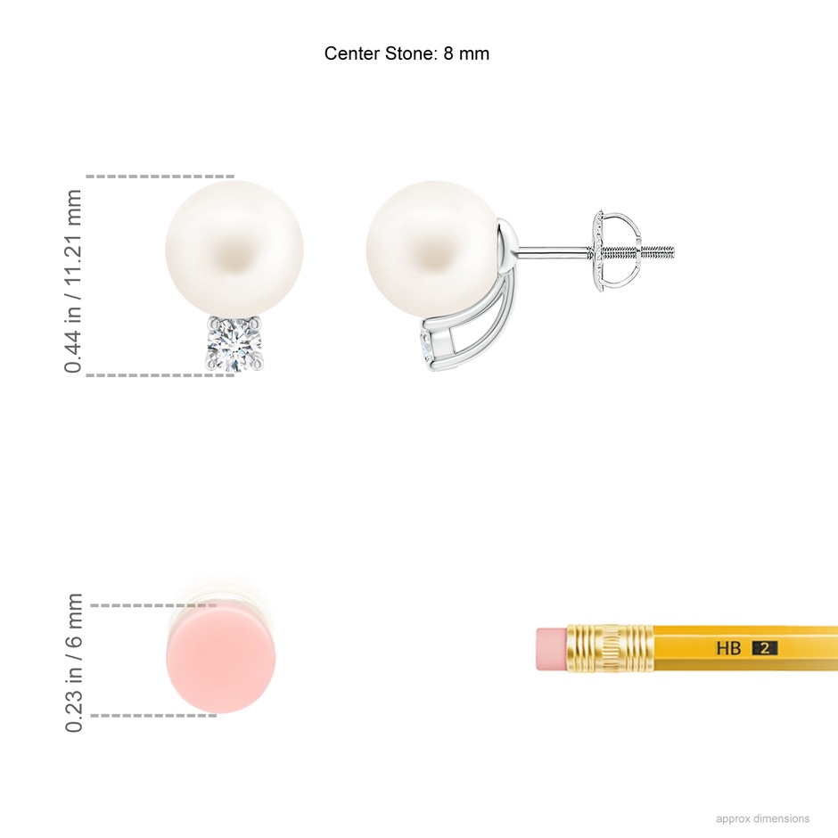 8mm AA Solitaire Freshwater Pearl Studs with Diamond in White Gold ruler