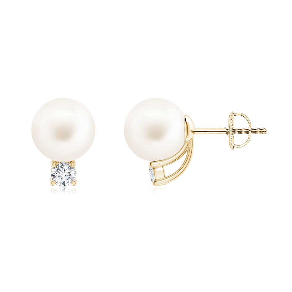 8mm AA Solitaire Freshwater Pearl Studs with Diamond in Yellow Gold 