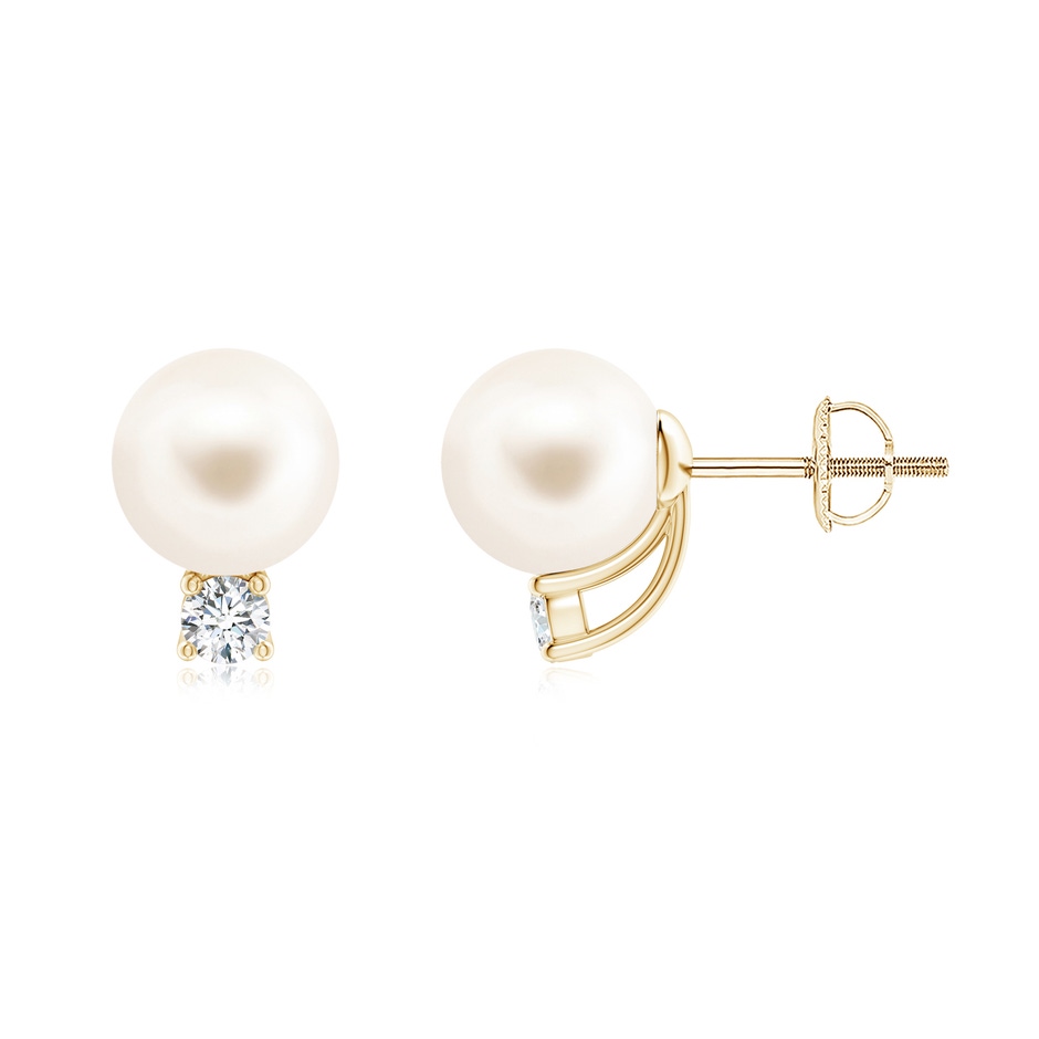 8mm AAA Solitaire Freshwater Pearl Studs with Diamond in Yellow Gold 