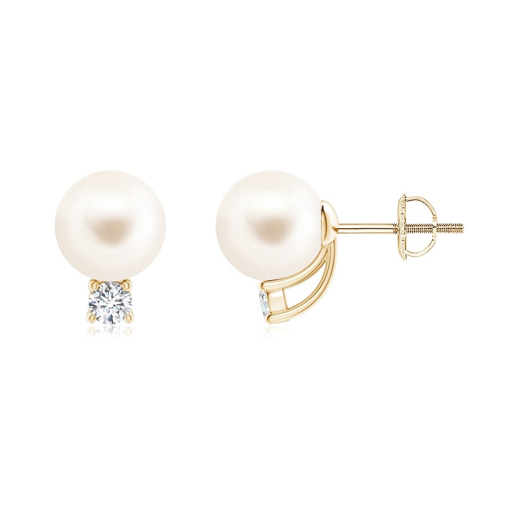 8mm AAA Solitaire Freshwater Pearl Studs with Diamond in Yellow Gold