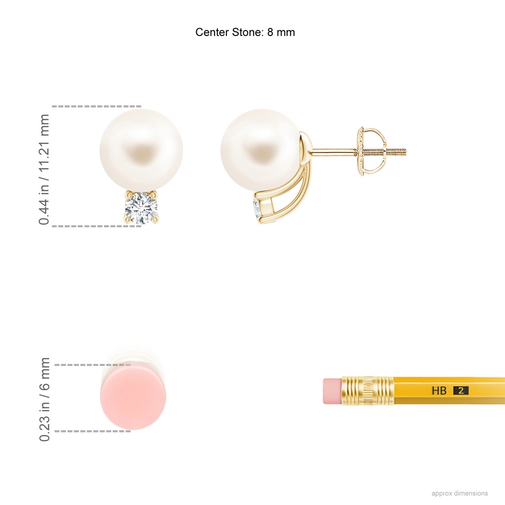 8mm AAA Solitaire Freshwater Pearl Studs with Diamond in Yellow Gold Ruler