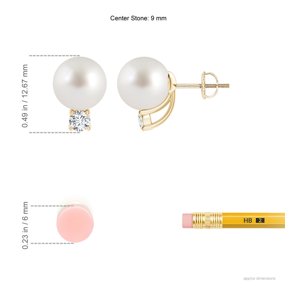 9mm AAA Solitaire South Sea Pearl Studs with Diamond in Yellow Gold ruler
