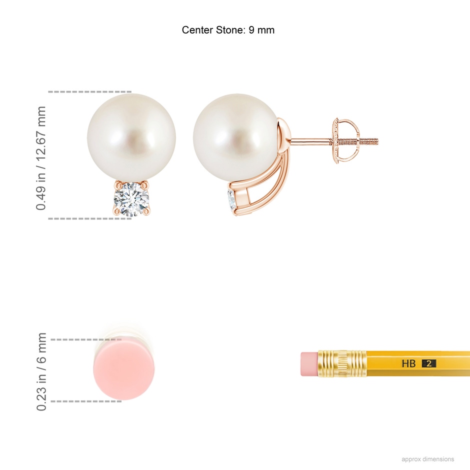 9mm AAAA Solitaire South Sea Pearl Studs with Diamond in Rose Gold ruler