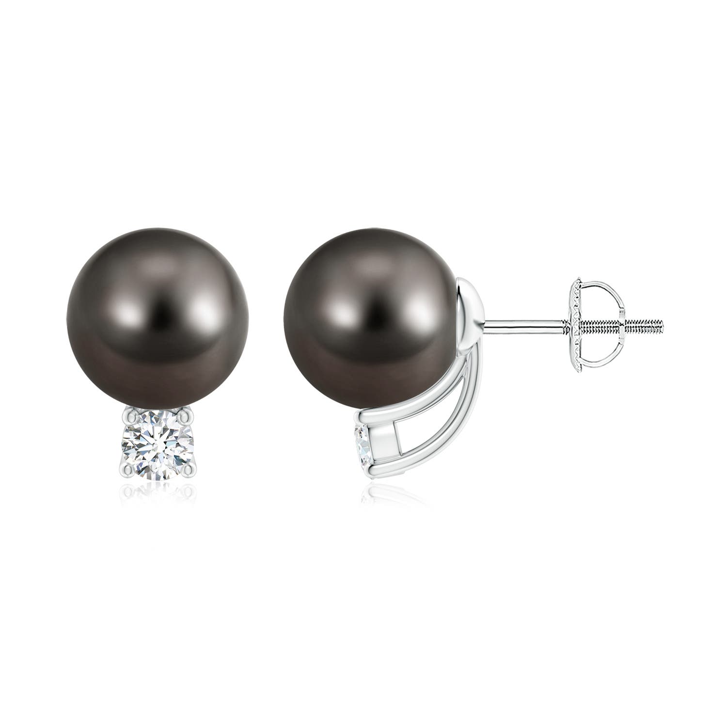9mm AAA Solitaire Tahitian Pearl Studs with Diamond in P950 Platinum