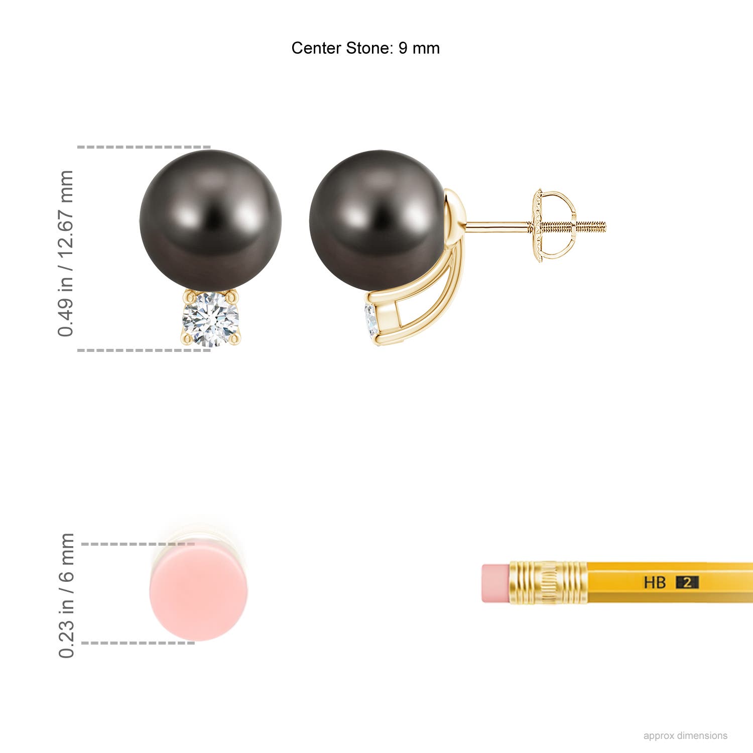 9mm AAA Solitaire Tahitian Pearl Studs with Diamond in Yellow Gold - ruler