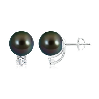 9mm AAAA Solitaire Tahitian Pearl Studs with Diamond in P950 Platinum