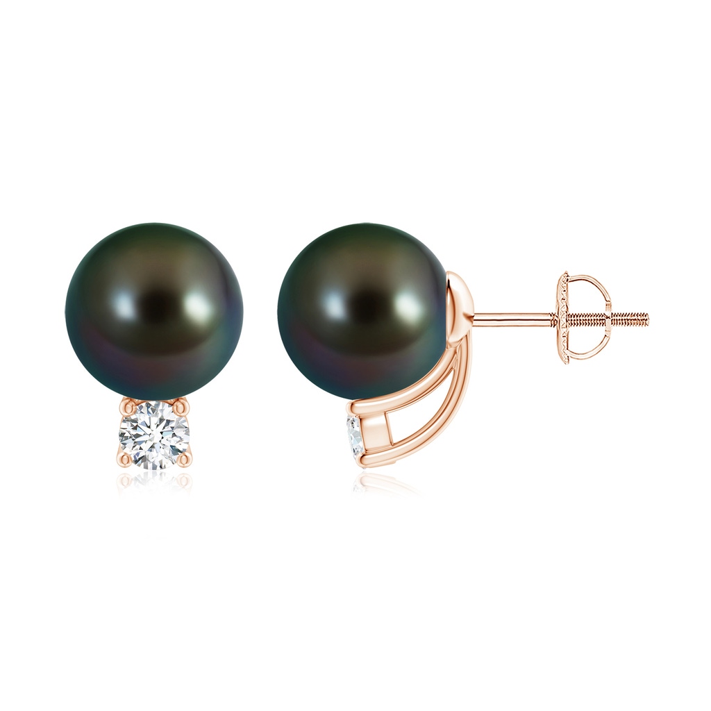 9mm AAAA Solitaire Tahitian Pearl Studs with Diamond in Rose Gold