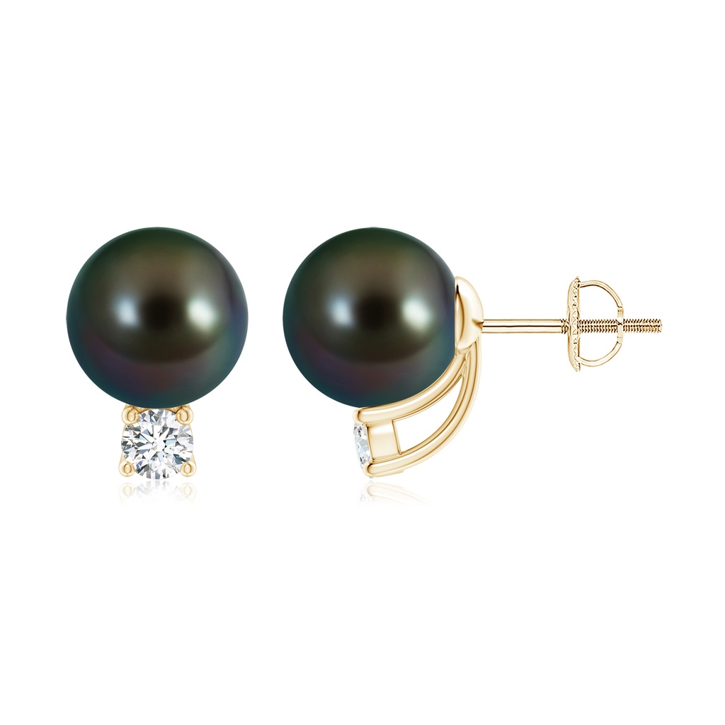 9mm AAAA Solitaire Tahitian Pearl Studs with Diamond in Yellow Gold