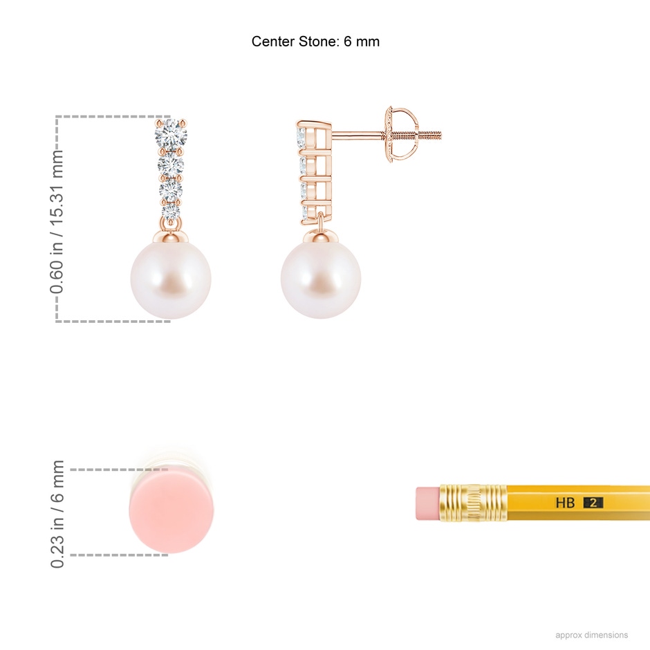6mm AAA Akoya Pearl Earrings with Graduated Diamonds in Rose Gold ruler
