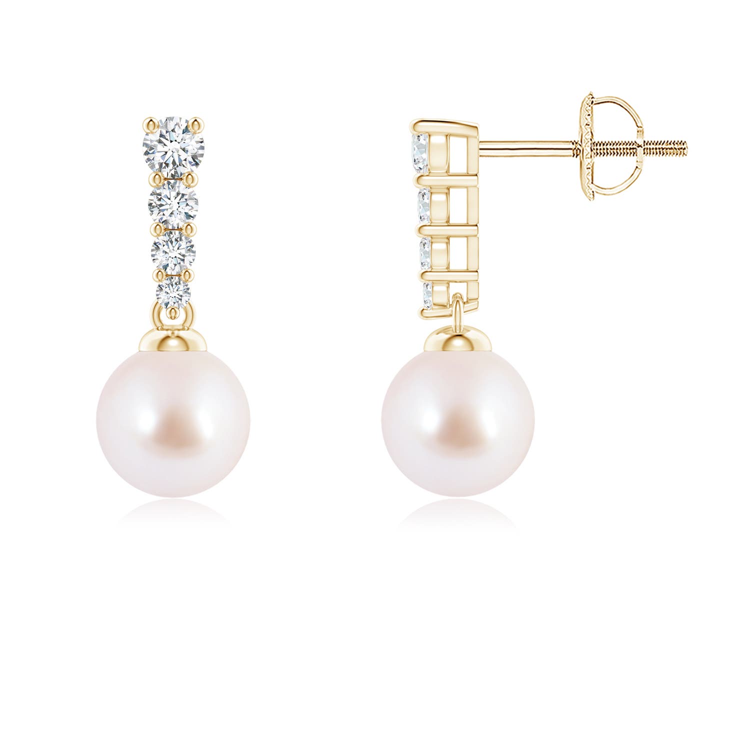 6mm AAA Akoya Pearl Earrings with Graduated Diamonds in Yellow Gold
