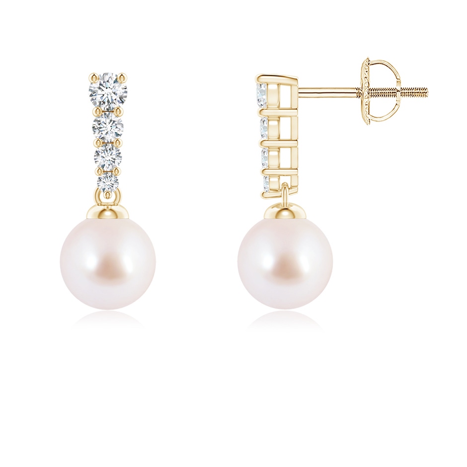 6mm AAA Akoya Pearl Earrings with Graduated Diamonds in Yellow Gold 