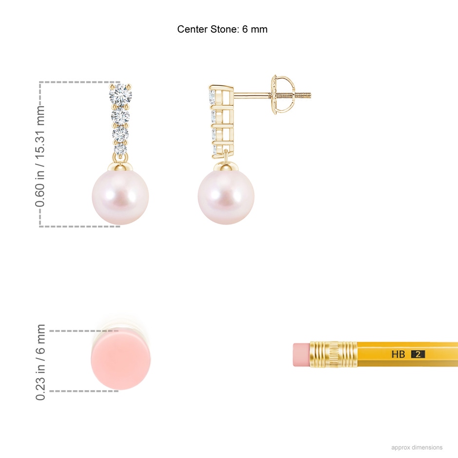 6mm AAAA Akoya Pearl Earrings with Graduated Diamonds in Yellow Gold ruler