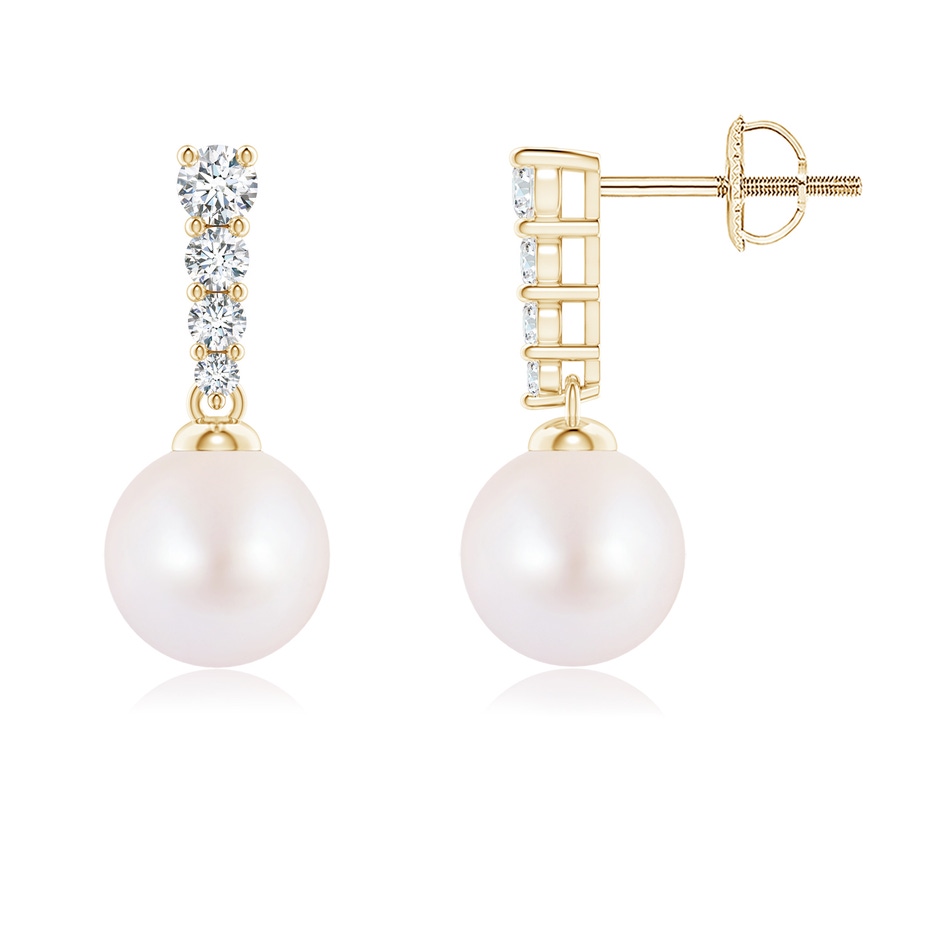7mm AA Akoya Pearl Earrings with Graduated Diamonds in Yellow Gold 