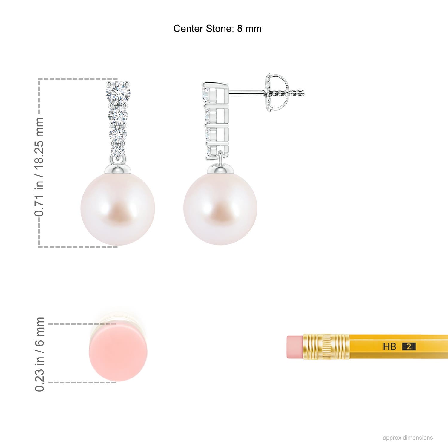 8mm AAA Akoya Pearl Earrings with Graduated Diamonds in P950 Platinum - ruler
