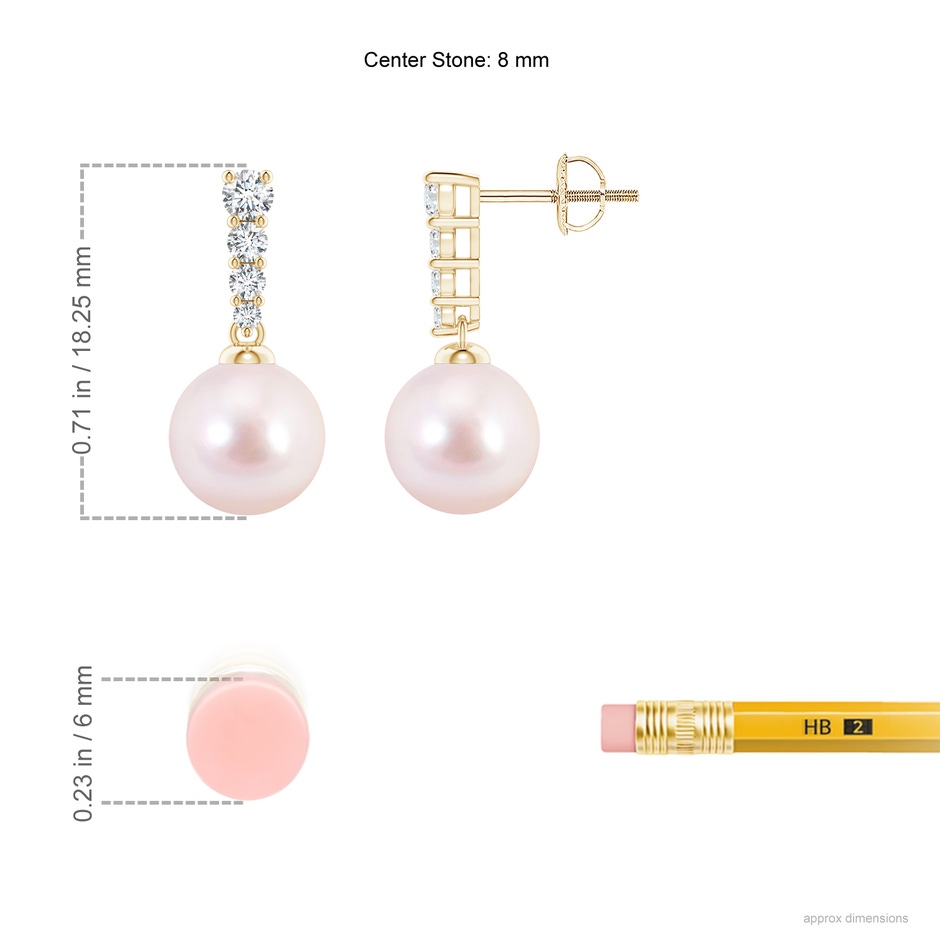 8mm AAAA Akoya Pearl Earrings with Graduated Diamonds in Yellow Gold ruler