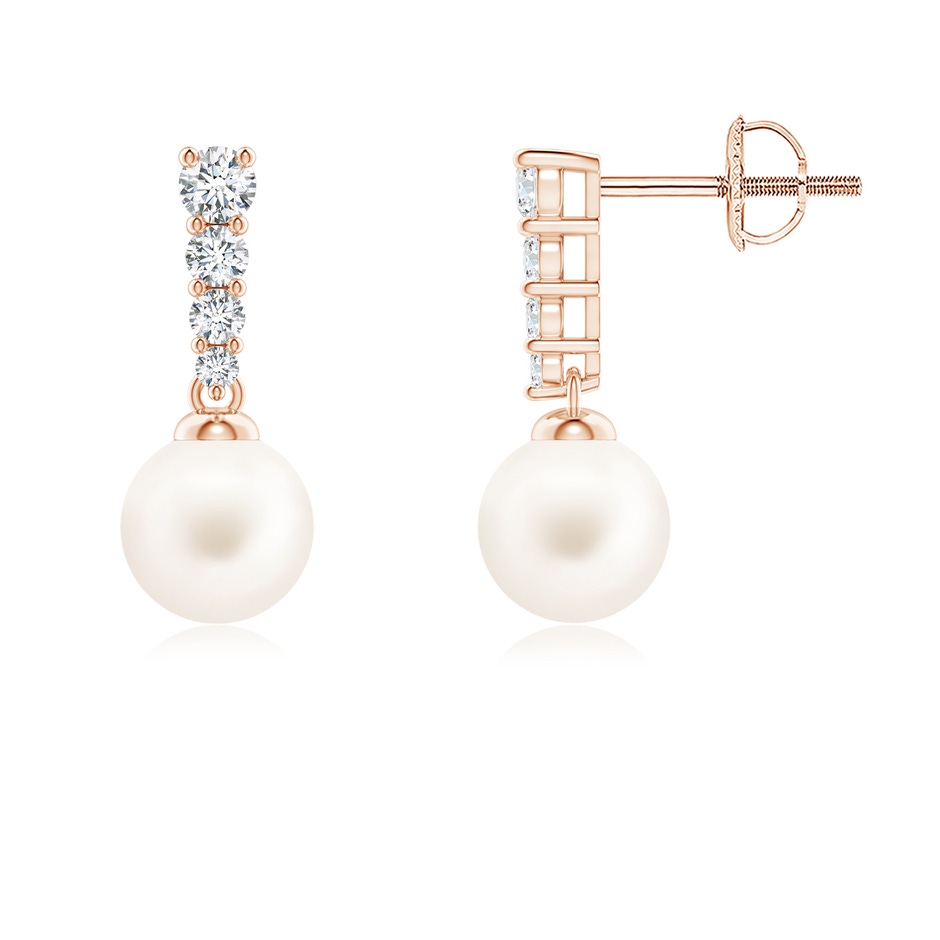 6mm AA Freshwater Pearl Earrings with Graduated Diamonds in Rose Gold 