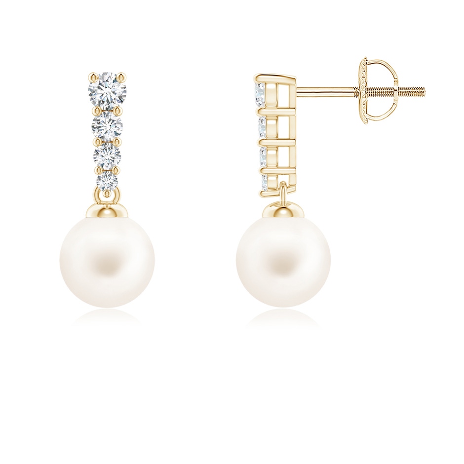 6mm AA Freshwater Pearl Earrings with Graduated Diamonds in Yellow Gold 