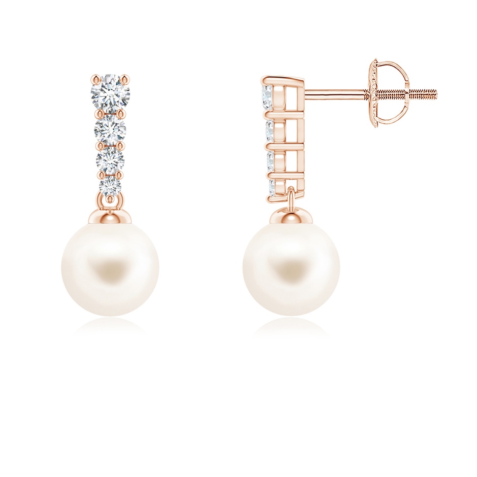 6mm AAA Freshwater Pearl Earrings with Graduated Diamonds in Rose Gold 