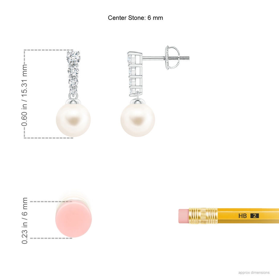 6mm AAA Freshwater Pearl Earrings with Graduated Diamonds in White Gold ruler