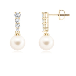 Angara Freshwater Pearl Drop Earrings with Trio Diamonds in 14K Yellow Gold | 10mm Cabochon Freshwater Cultured Pearl Earrings