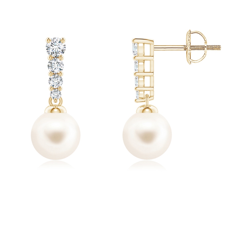 6mm AAA Freshwater Pearl Earrings with Graduated Diamonds in Yellow Gold 