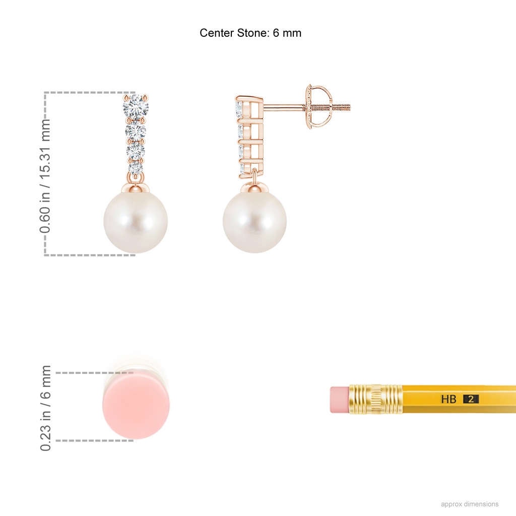6mm AAAA Freshwater Pearl Earrings with Graduated Diamonds in Rose Gold Ruler