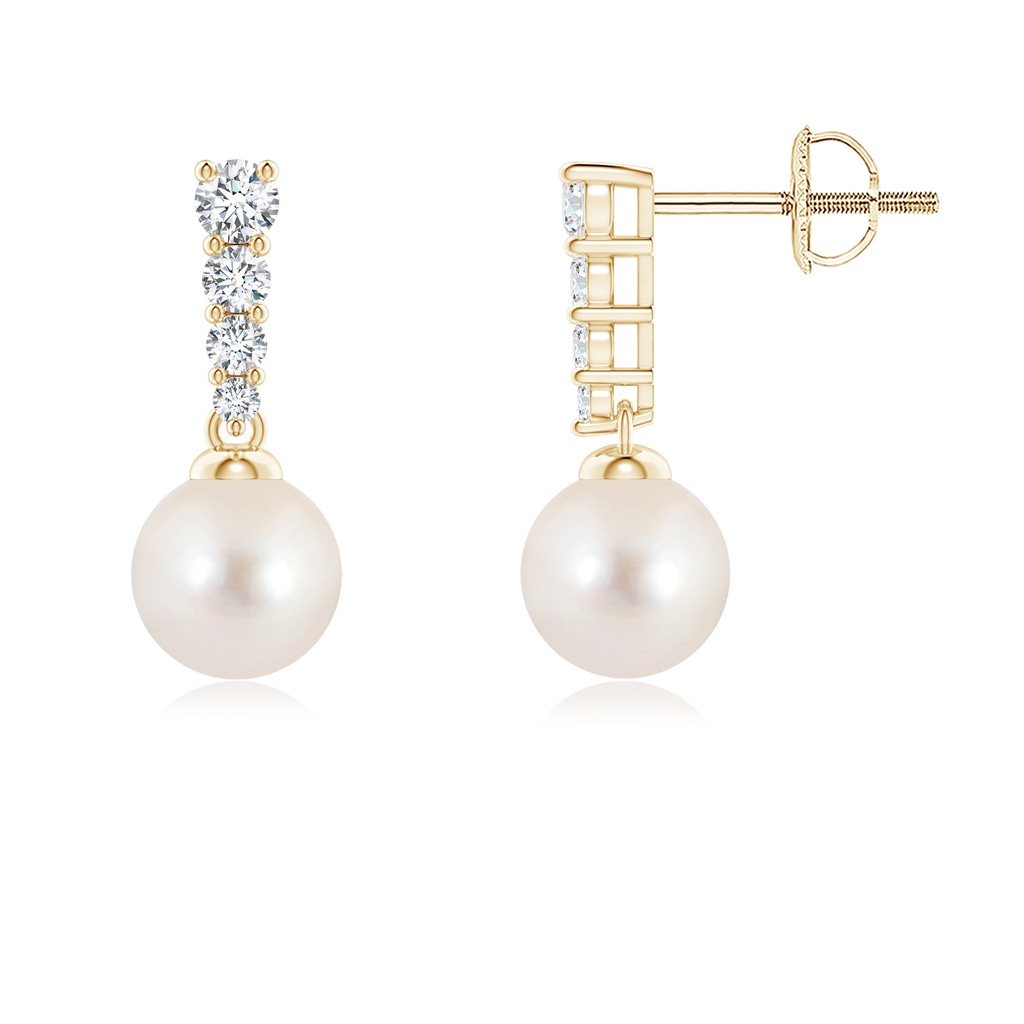 6mm AAAA Freshwater Pearl Earrings with Graduated Diamonds in Yellow Gold