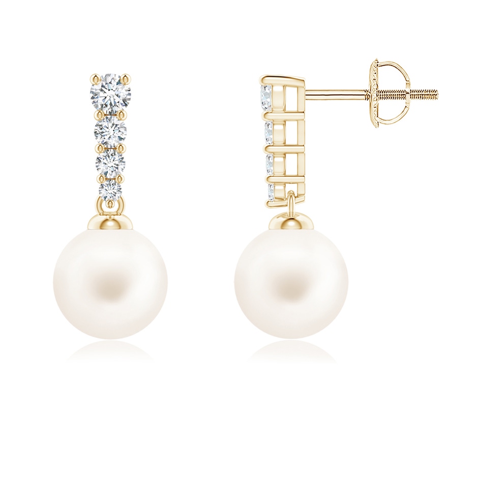 7mm AA Freshwater Pearl Earrings with Graduated Diamonds in Yellow Gold 
