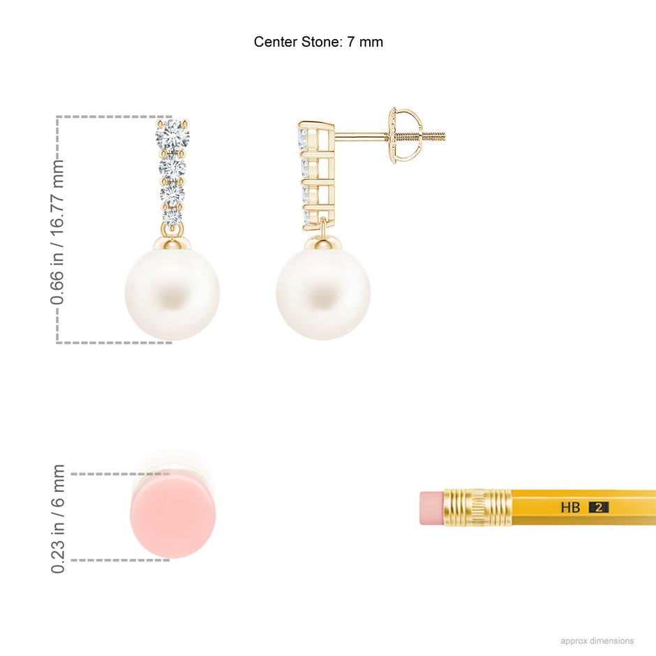 7mm AA Freshwater Pearl Earrings with Graduated Diamonds in Yellow Gold ruler