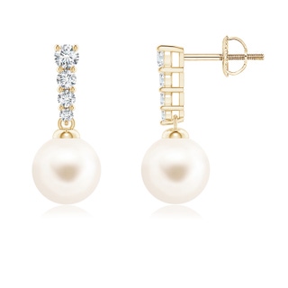 7mm AAA Freshwater Pearl Earrings with Graduated Diamonds in Yellow Gold