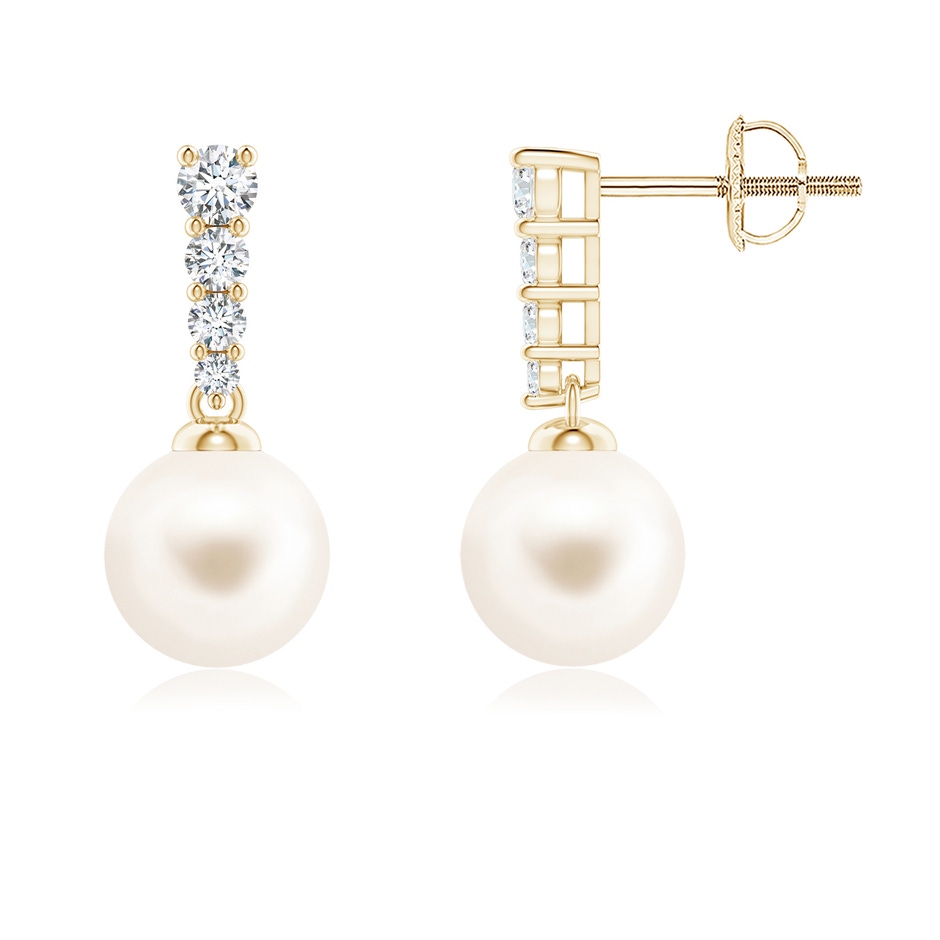 7mm AAA Freshwater Pearl Earrings with Graduated Diamonds in Yellow Gold 