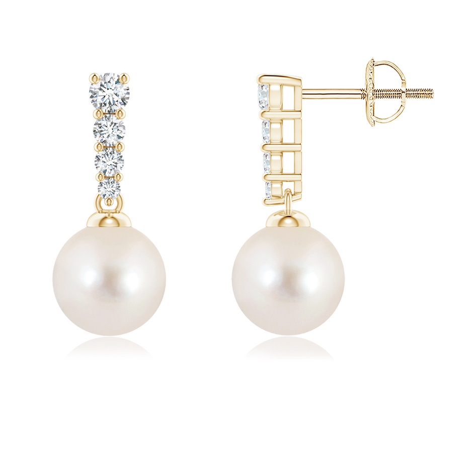 7mm AAAA Freshwater Pearl Earrings with Graduated Diamonds in Yellow Gold 