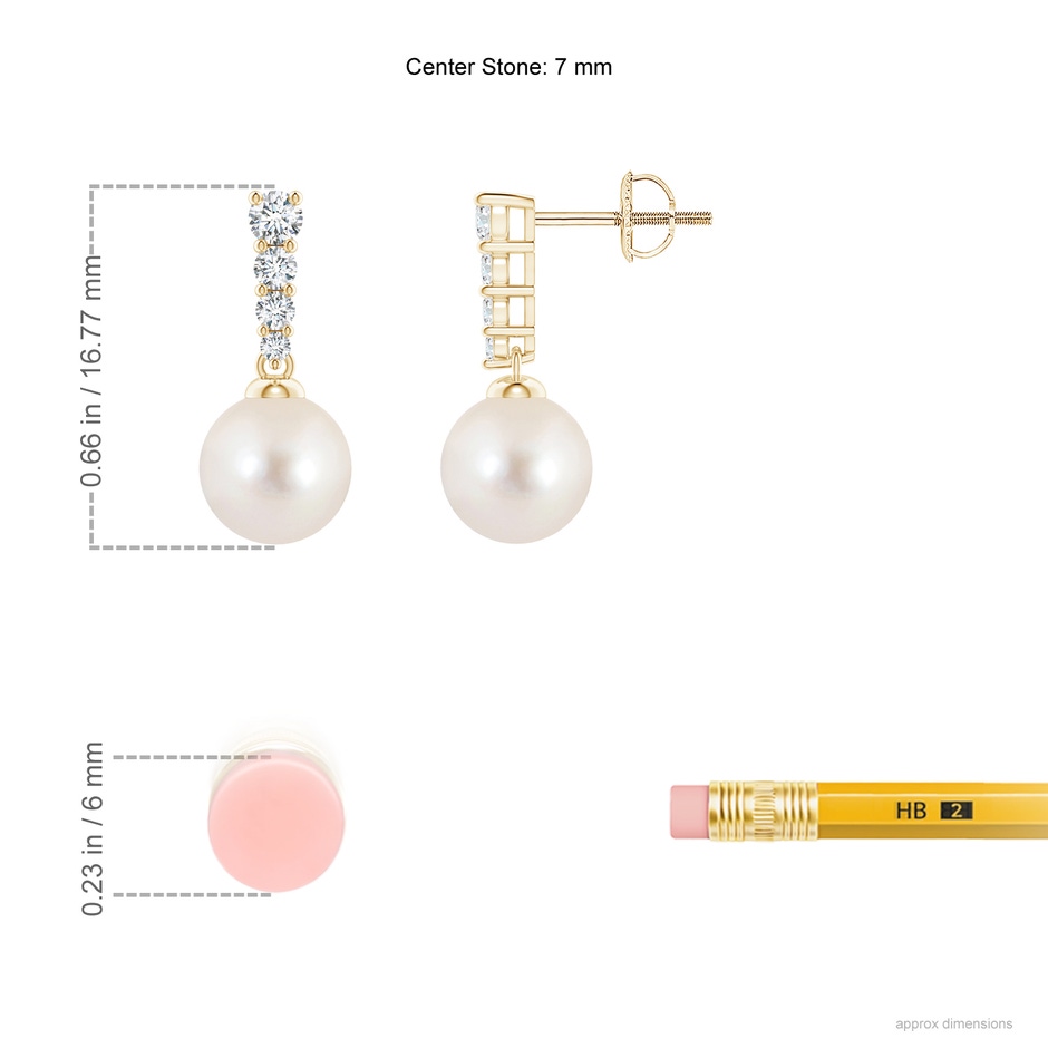 7mm AAAA Freshwater Pearl Earrings with Graduated Diamonds in Yellow Gold ruler